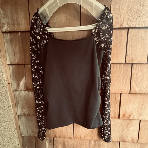 Free People Josie Long Sleeve Top in Black Combo Cotton Jersey Lace Size XL - Picture 12 of 16